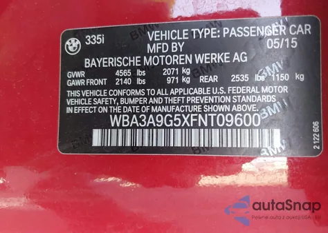 2015 BMW 335I from USA, damaged, VIN WBA3A9G5XFNT09600